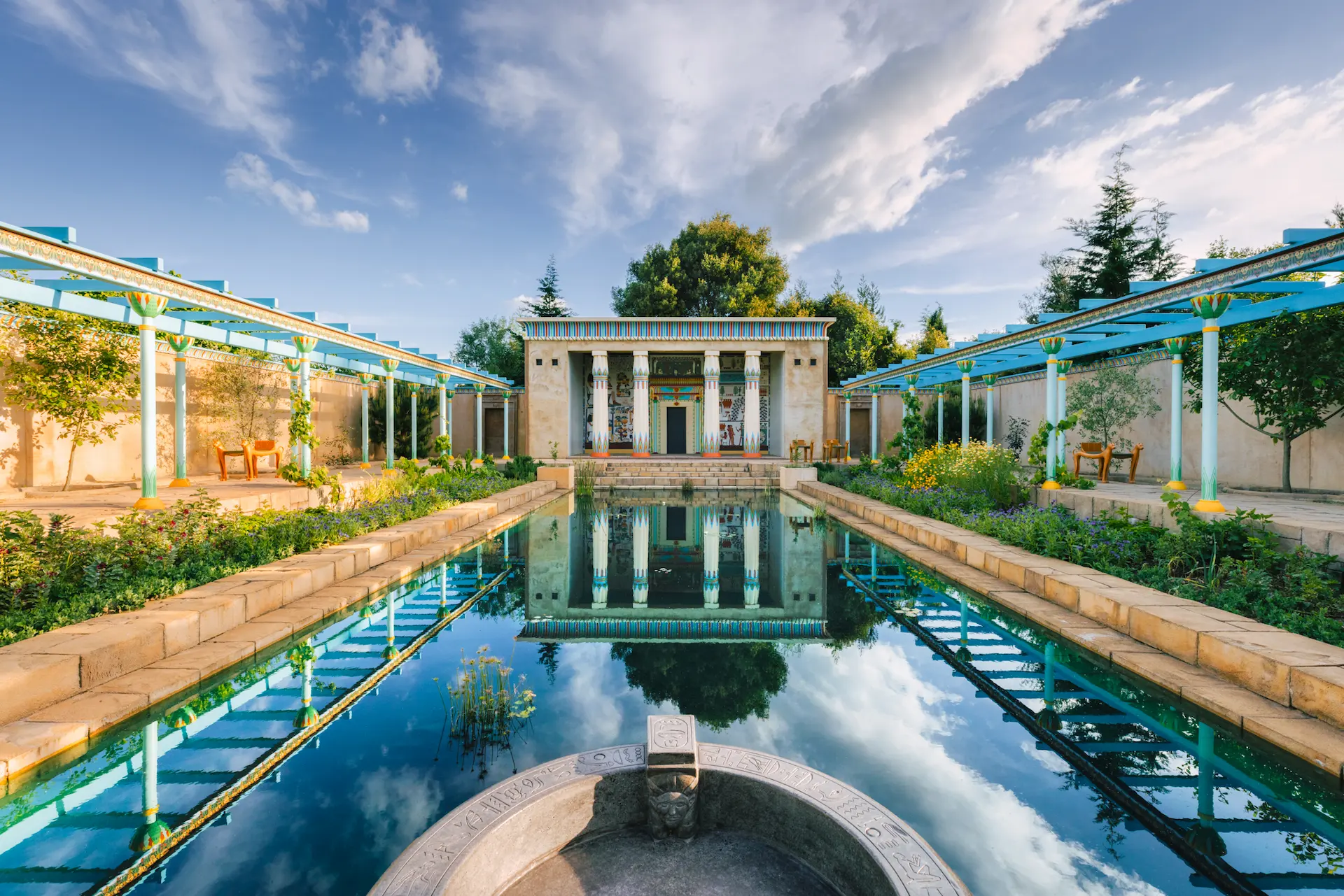 Looking across the pond at Hamilton Garden's Ancient Egyptian Garden