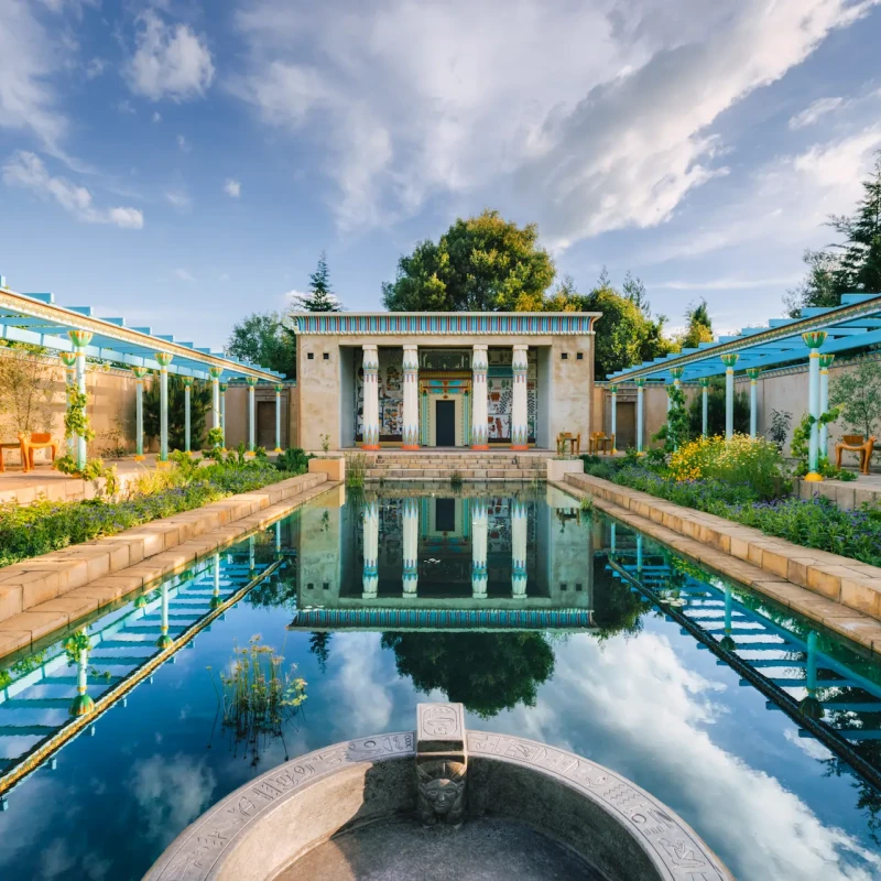 Looking across the pond at Hamilton Garden's Ancient Egyptian Garden