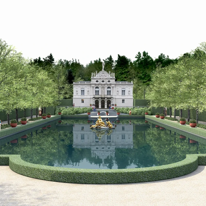 Looking out over the pond towards the house at the Baroque Theatre Garden at Hamilton Gardens