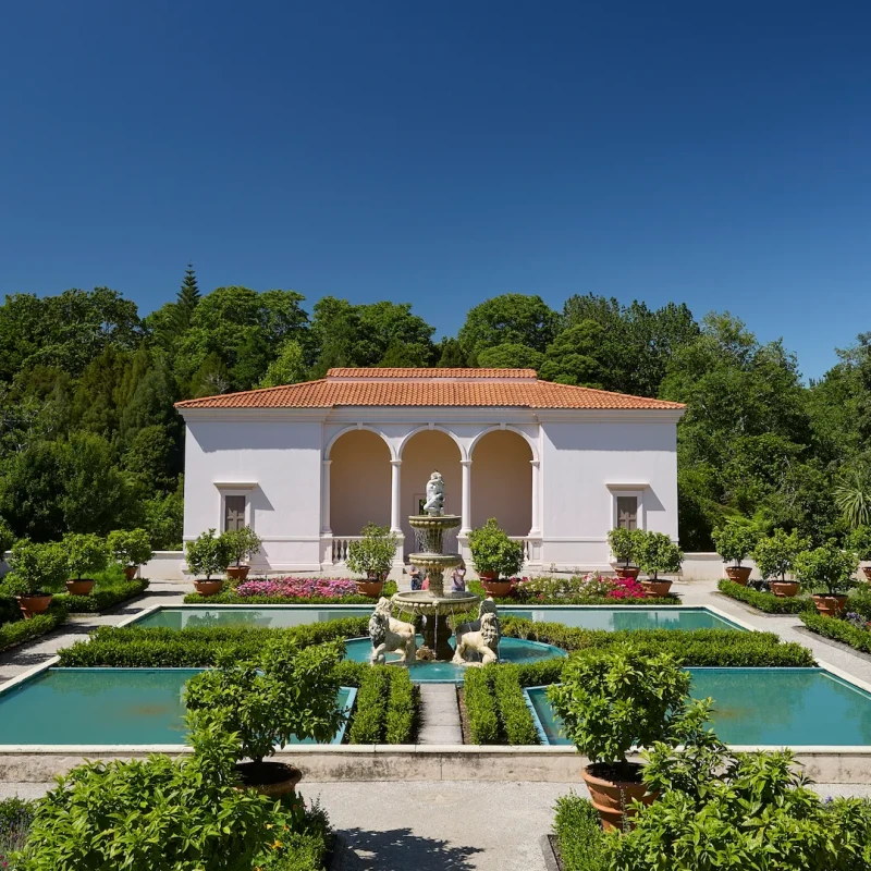 View across the pond at the pavilion of the Italian Renaissance Garden 